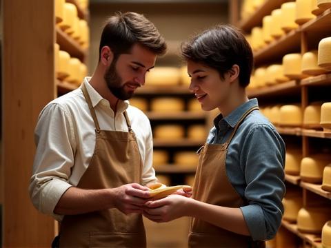 Rencontre entre notre équipe et un maître fromager lors d'un voyage sourcing.