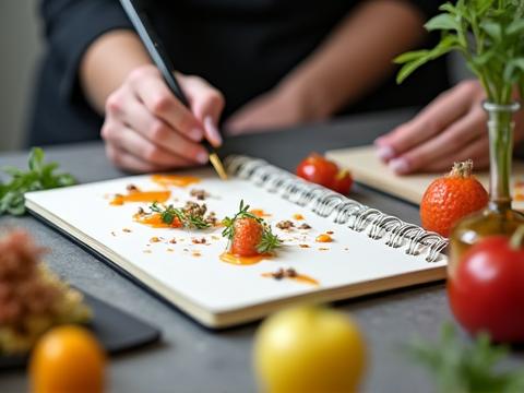 Esquisses et ingrédients pour de nouvelles créations culinaires.
