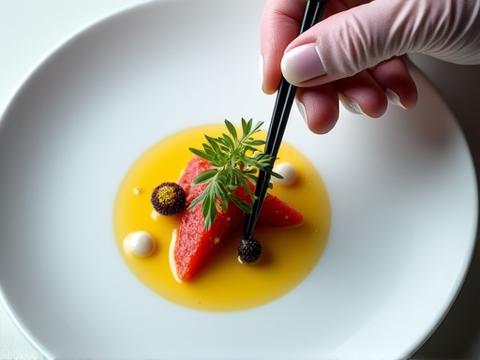 Détail d'une main décorant une assiette gastronomique avec précision.