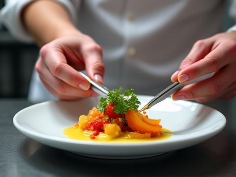 Chefs en pleine préparation d'un plat gourmet dans nos ateliers parisiens.