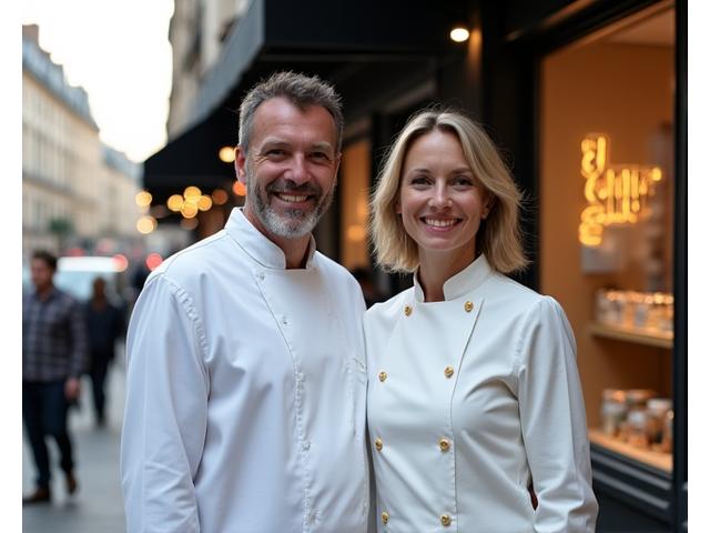 Les fondateurs de Fleur de Sel & Fourchette posant devant leur boutique historique rue Saint-Honoré à Paris.