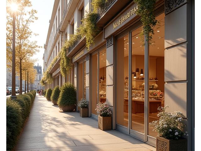 Photo de la façade élégante de la boutique Fleur de Sel & Fourchette sur la Rue Saint-Honoré à Paris, avec des jardinières fleuries et une enseigne discrète.
