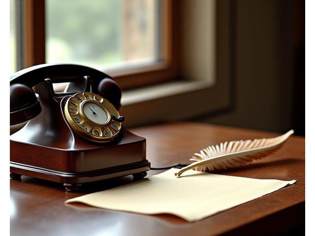 Photo d'un téléphone vintage et d'une plume, symbolisant la communication élégante et traditionnelle