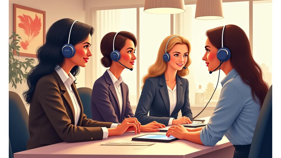 Illustration élégante d'une équipe de service client souriante et attentive dans un cadre raffiné, avec des icônes de support client.