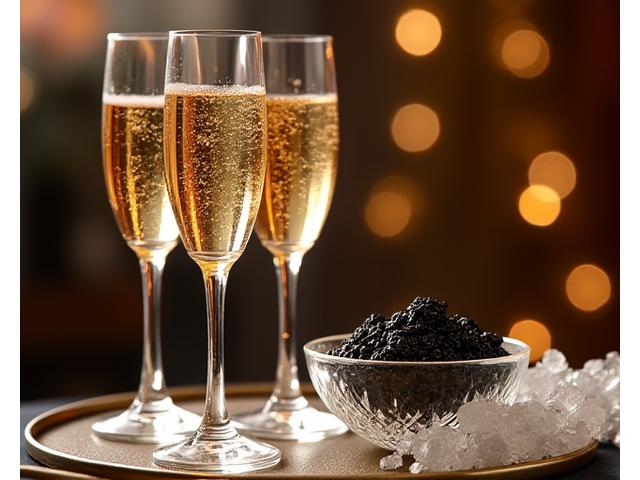 Flûtes de champagne et caviar sur glace lors d'une dégustation prestigieuse
