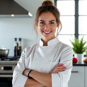 Portrait du Chef Sophie Dubois, souriante, devant une cuisine moderne