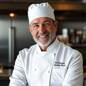 Portrait souriant du Chef étoilé Jean-Michel Dupont en toque de chef