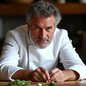 Portrait du Chef Antoine Leclerc, concentré, découpant un ingrédient avec précision