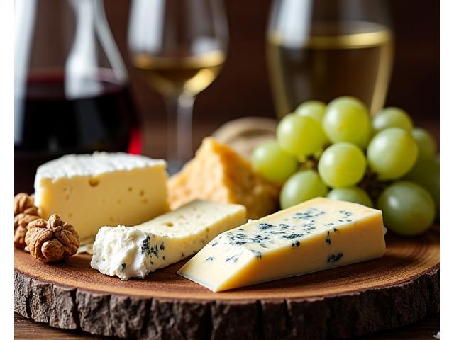 Assortiment de fromages français et verres de vin sur une planche en bois