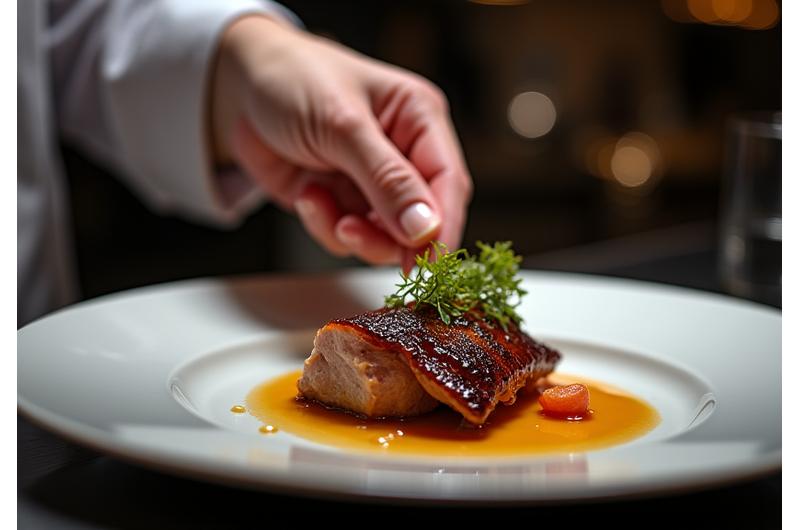 Chef invité présentant un plat magnifiquement dressé