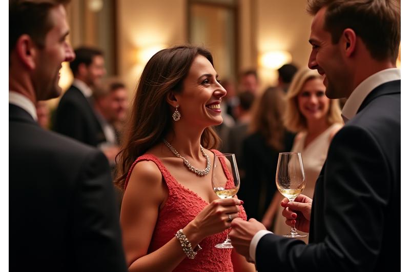 Participants souriants lors d'une dégustation de vin, verre à la main