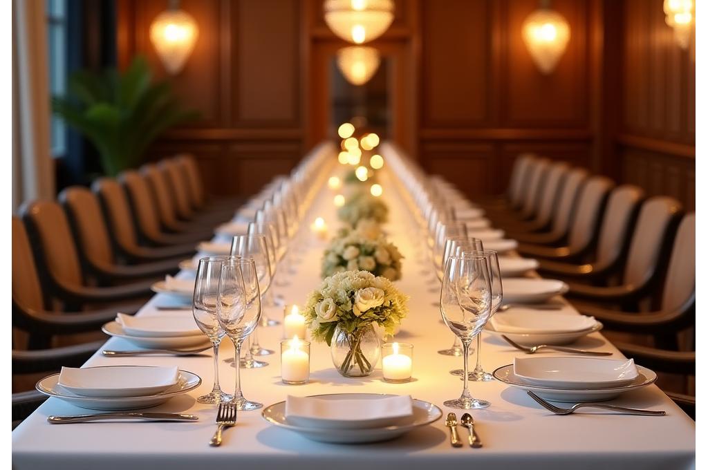 Table élégamment dressée pour un événement privé, verres de vin et bougies