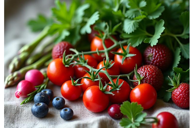 Mise en scène artistique de légumes de saison et herbes fraîches