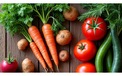 Des légumes frais de saison et des herbes aromatiques sur une planche en bois, symbolisant l'approvisionnement local.