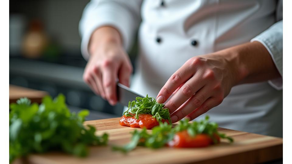 Chef français professionnel démontrant une technique de découpe sur une surface propre, avec des ustensiles élégants et un éclairage doux.