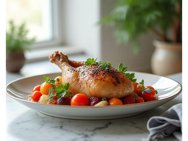 Plat de poulet rôti aux herbes, présenté élégamment sur une table de cuisine moderne, photo prise par un client.