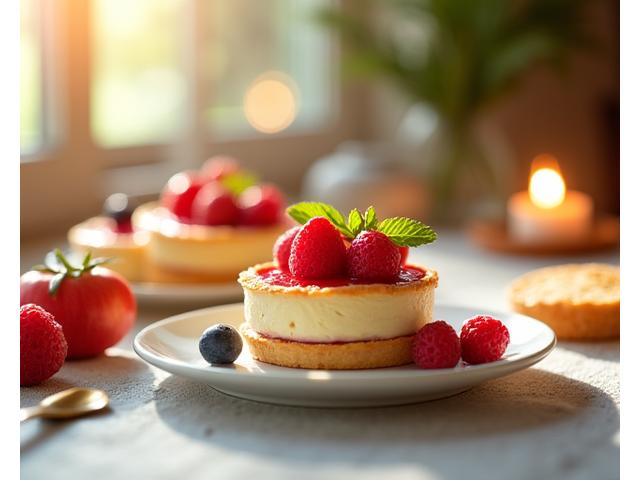 Dessert aux fruits rouges et crème légère, avec un dressage artistique, photo chaleureuse et lumineuse prise par un client.