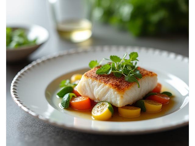Plat de poisson et petits légumes croquants, présentation minimaliste et élégante, photo naturelle prise par un client.