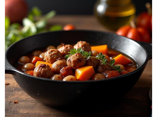 Plat d'automne avec gibiers, champignons et courges, riche et réconfortant.