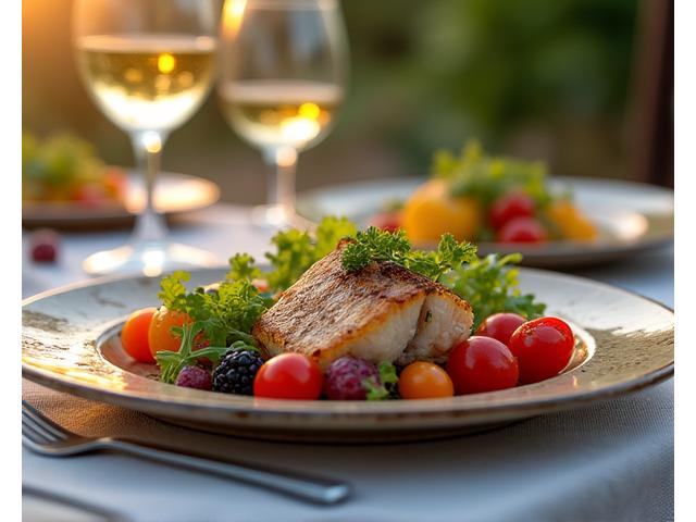 Plat estival avec grillades raffinées et salades gourmets, plein de soleil.