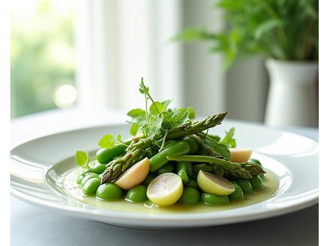Plat de printemps avec légumes primeurs et herbes fraîches, vibrant et coloré.