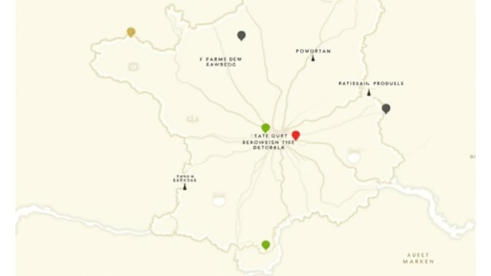 Carte stylisée de l'Île-de-France indiquant les points de sourcing des légumes bio, des viandes Label Rouge, et des poissons durables.