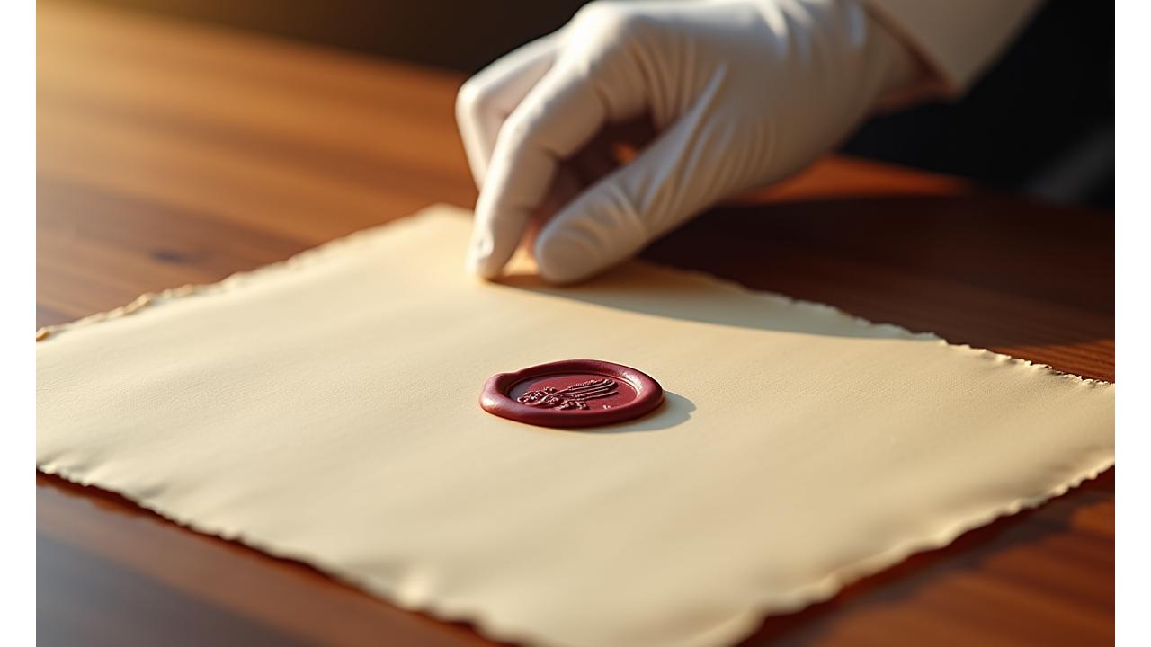 Main d'un chef posant délicatement un sceau d'authenticité sur un document, symbolisant la confiance et la conformité.