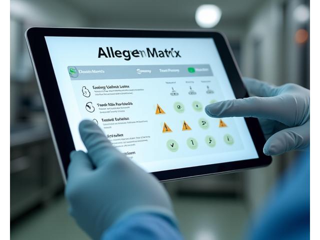 Une main gantée désignant un tableau de bord numérique affichant une matrice des allergènes, avec des icônes claires pour chaque allergène identifié et des coche de sécurité.