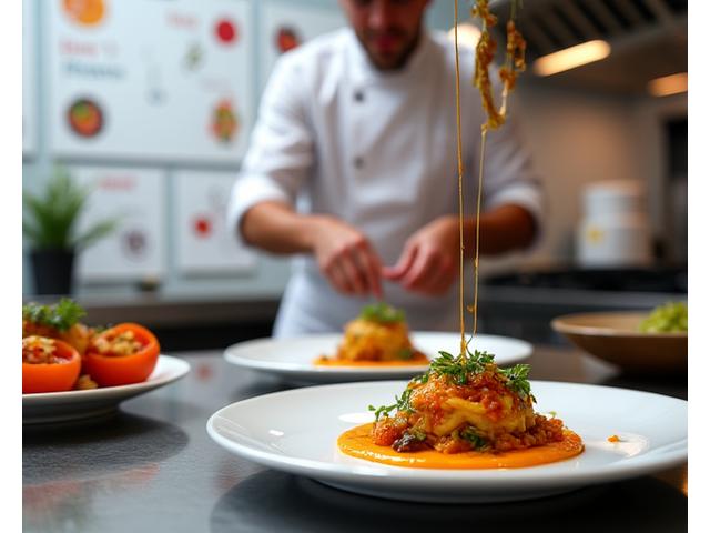 Un chef innovant ajoutant une touche finale à un plat végétarien complexe, avec des outils de cuisine modernes et un tableau d'idées de saveurs en arrière-plan.