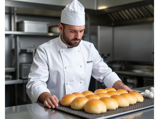 Un chef en toque et tablier, souriant, inspectant des pains sans gluten dorés dans un laboratoire de cuisine moderne et immaculé.