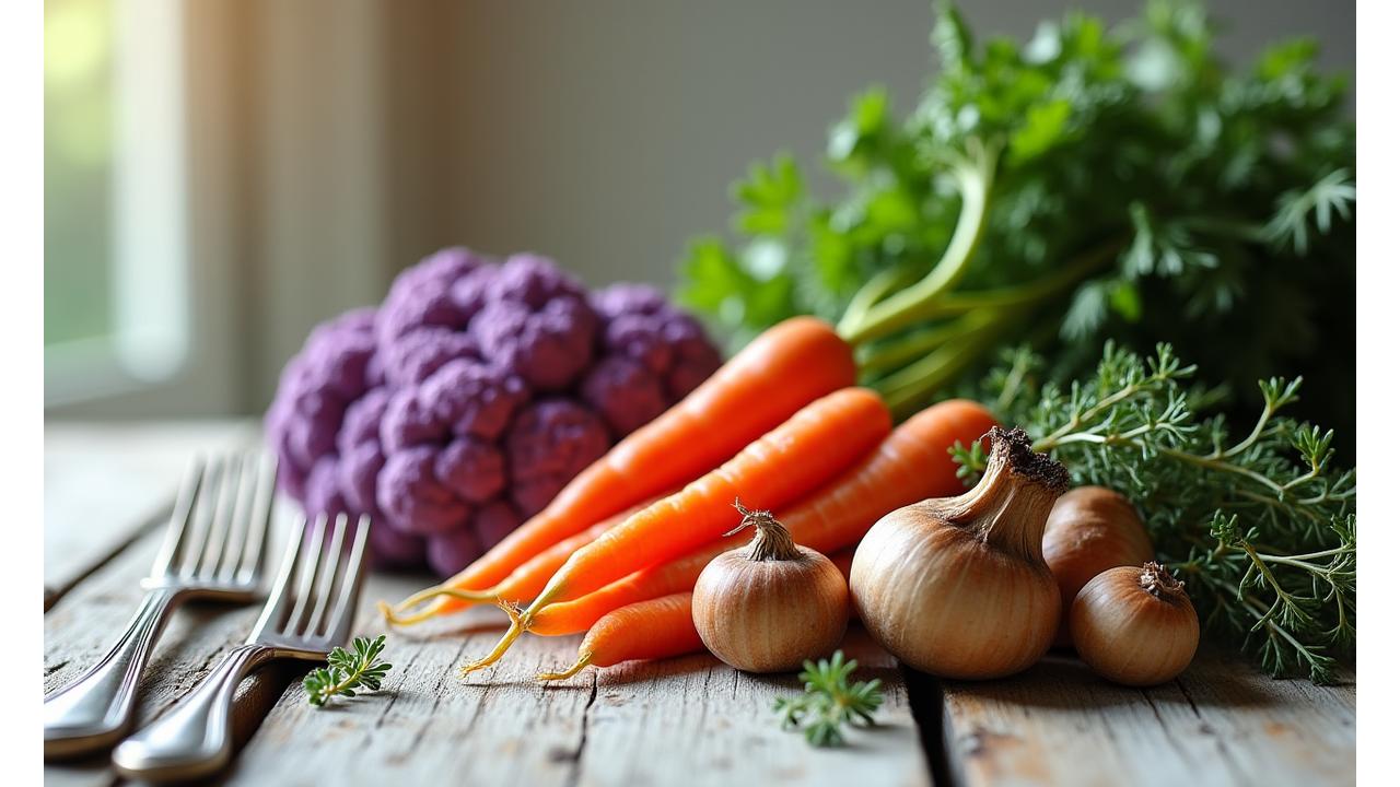 Une composition élégante de légumes frais, herbes aromatiques et ustensiles de cuisine, symbolisant la cuisine gastronomique végétarienne.