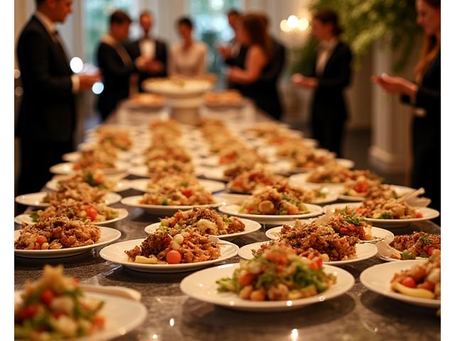 Un somptueux buffet de traiteur avec une variété de plats végétariens et sans gluten étiquetés, présenté élégamment lors d'un événement chic à Paris.