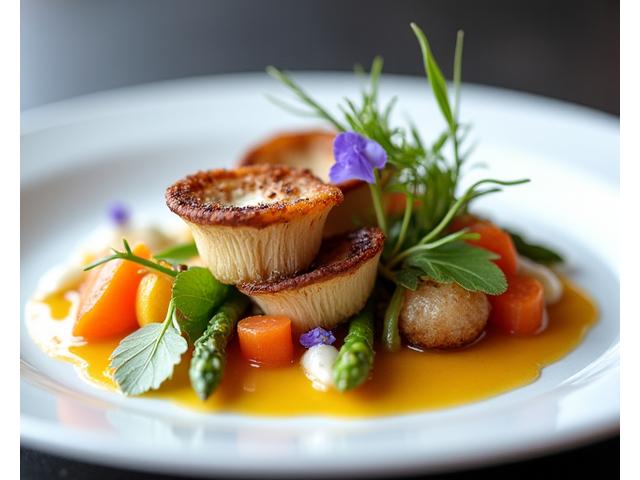 Un plat végétarien gastronomique magnifiquement présenté, avec des légumes colorés, des herbes fraîches et une sauce délicate sur une assiette blanche.