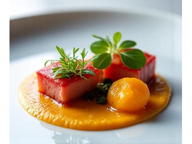 Une assiette gastronomique artistique dans un restaurant étoilé, plat signature élégamment dressé.