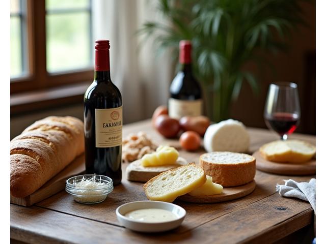 Scène de vie avec des produits gourmets français disposés sur une table rustique, éclairage naturel, paniers tressés et herbes aromatiques.
