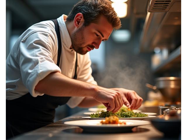 Reportage photo d'un chef travaillant avec passion dans sa cuisine, lumières douces, ambiance authentique.