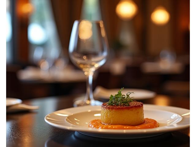Photo d'un plat gastronomique élégamment présenté dans un restaurant haut de gamme avec une atmosphère chaleureuse.