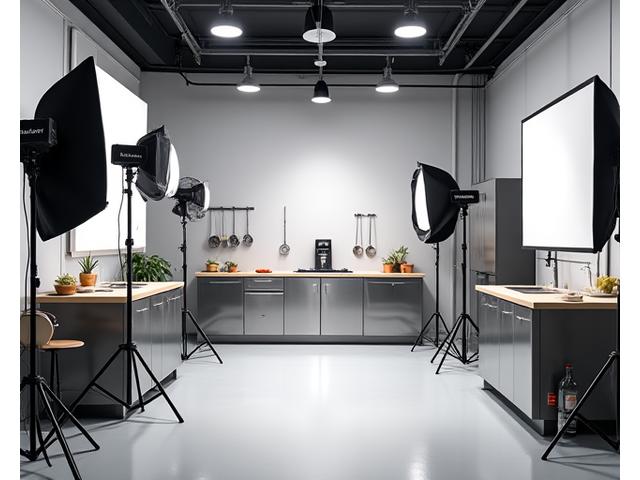 Intérieur d'un studio de photographie culinaire moderne, avec éclairages, fonds variés et ustensiles de cuisine.