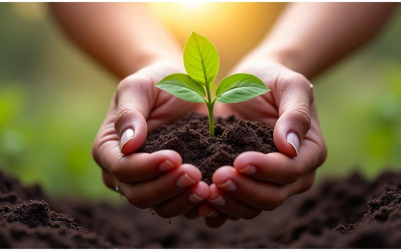 Main d'un agriculteur tenant une pousse verte symbolisant la durabilité et la croissance