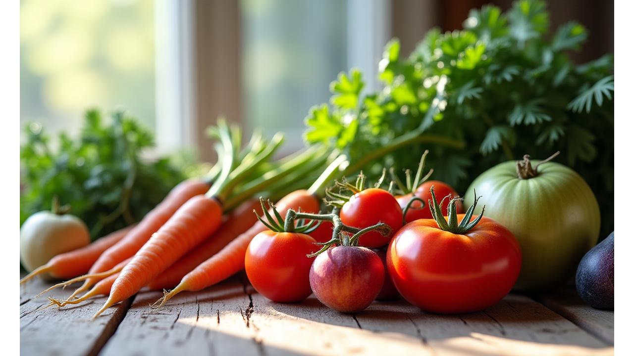 Assortiment de légumes frais biologiques disposés artistiquement sur une table en bois